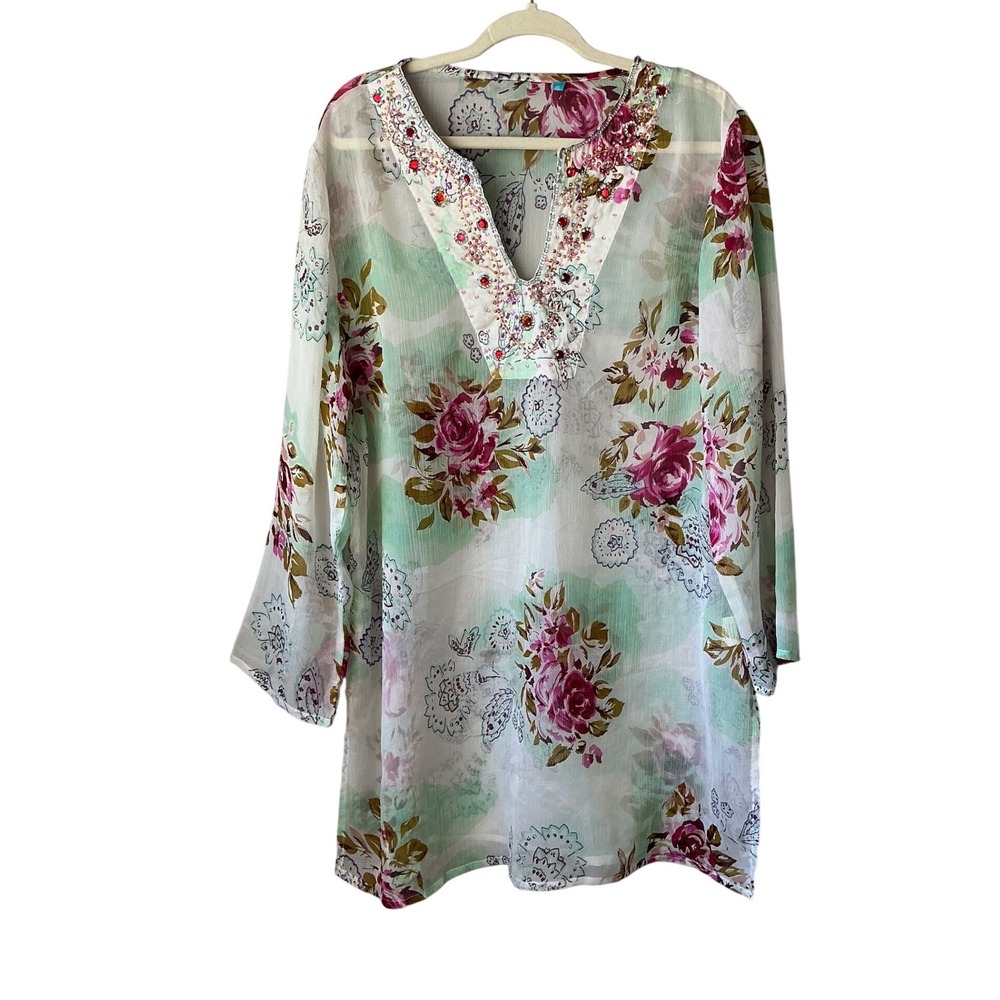 Floral Embellished Sheer Tunic Top XL Pink Green Beaded Boho‎ Kaftan Coverup